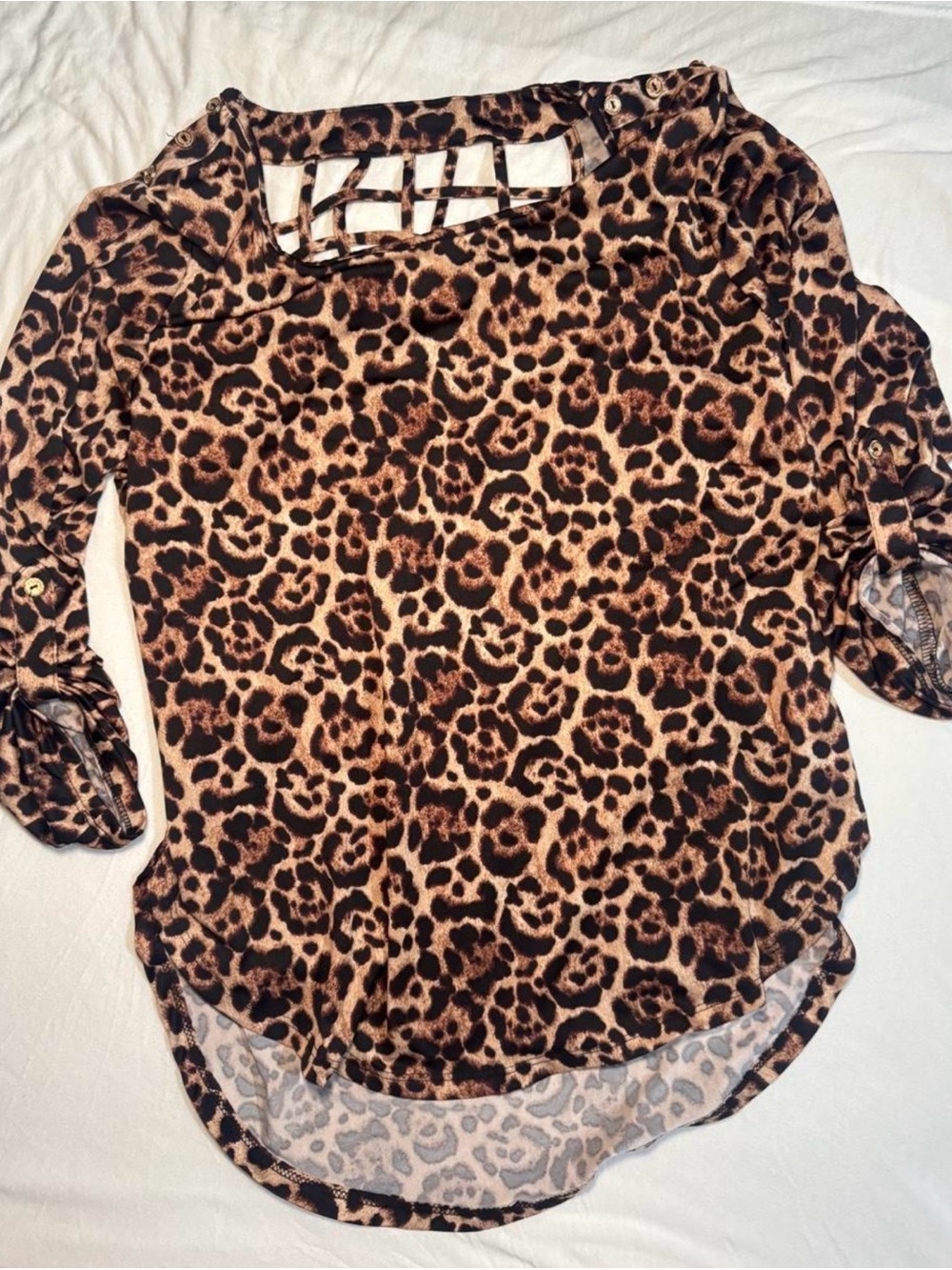 Leopard Print Button-Tab Sleeve Blouse - Brown/Black
